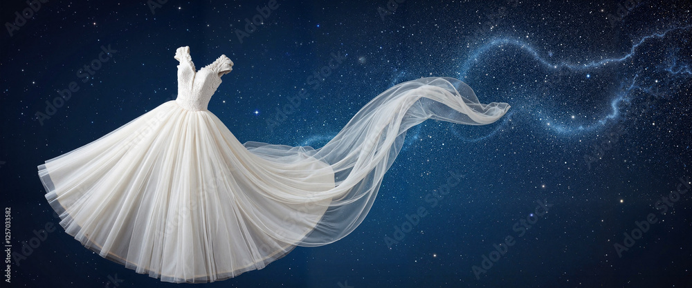 Naklejka premium Cosmic wedding dress flowing into stars, ethereal elegance