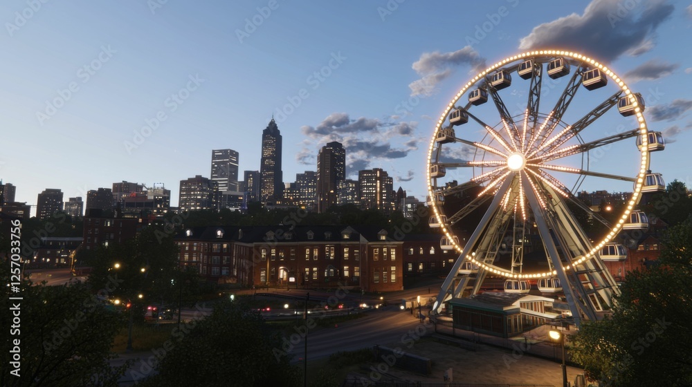 Nighttime View of City Skyline with Illuminated Ferris Wheel and Clouds in the Background Nighttime View of City Skyline with Illuminated Ferris Wheel and Clouds in the Background