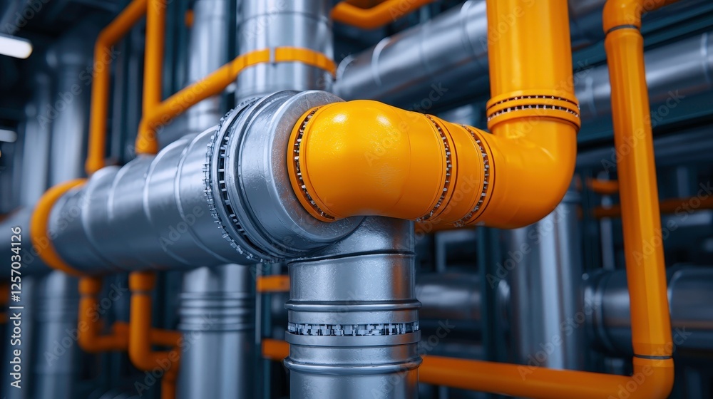 detailed industrial assembly of metallic pipes with yellow connectors, showcasing complex network of shiny metal and vibrant yellow elements. image highlights intricate design and engineering detailed industrial assembly of metallic pipes with yellow connectors, showcasing complex network of shiny metal and vibrant yellow elements. image highlights intricate design and engineering