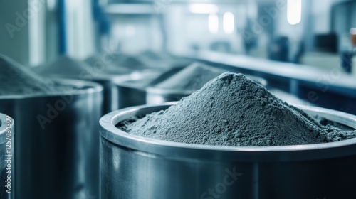 Tungsten powder is neatly stored in professional containers within a minimalist factory setting photo
