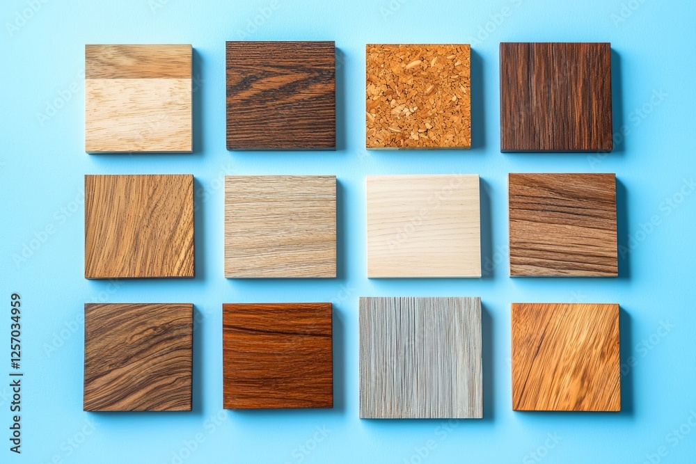 Set of square wooden samples on a blue background, flat design Set of square wooden samples on a blue background, flat design