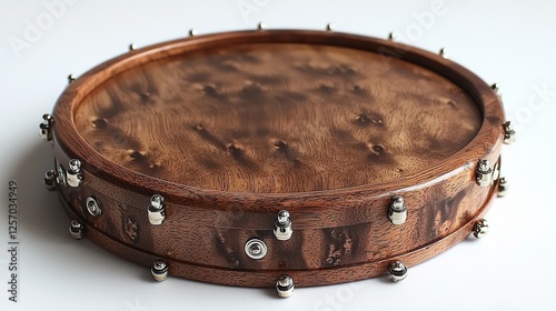 Wooden banjo drum, close-up, studio shot, intricate wood grain