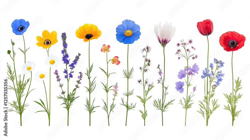 A vibrant display of assorted wildflowers arranged in a colorful row against a white background A vibrant display of assorted wildflowers arranged in a colorful row against a white background