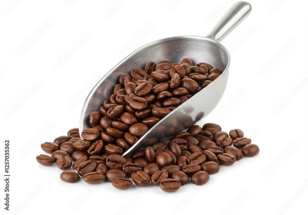 Fototapeta premium a metal scoop filled with roasted coffee beans.