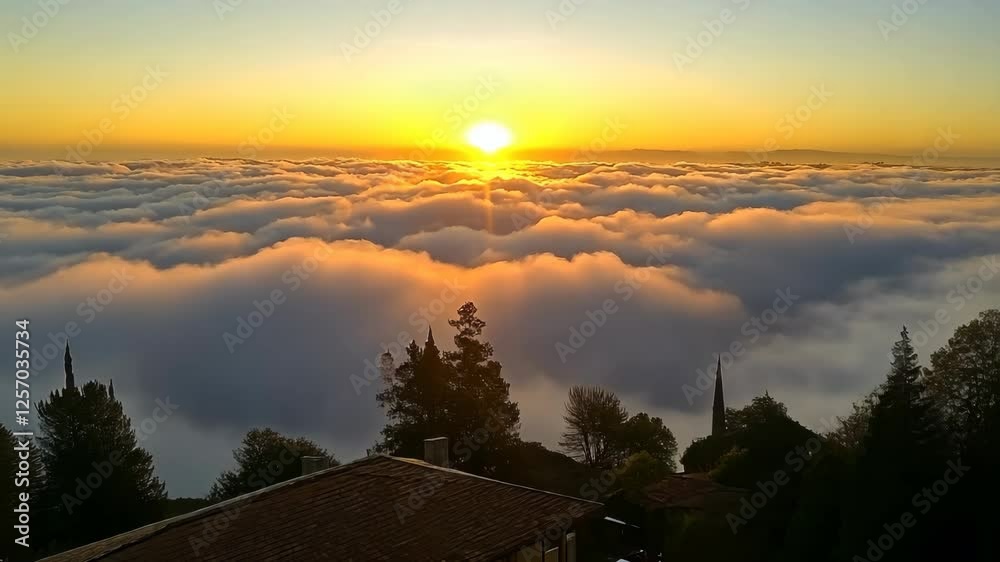 Breathtaking sunrise above the clouds in a serene mountainous landscape