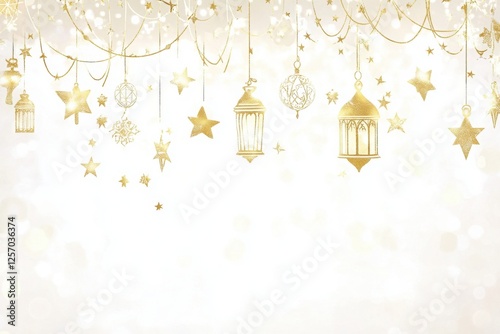 Elegant golden decorations with stars and lanterns on soft background