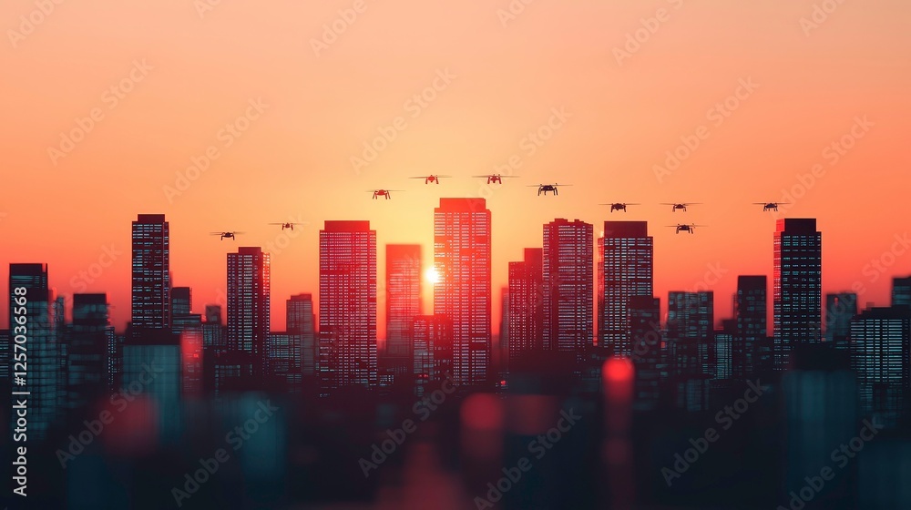 Fototapeta premium futuristic urban environment with drones flying over cityscape at sunset, creating dynamic and modern atmosphere. skyline is illuminated by setting sun, highlighting tall buildings