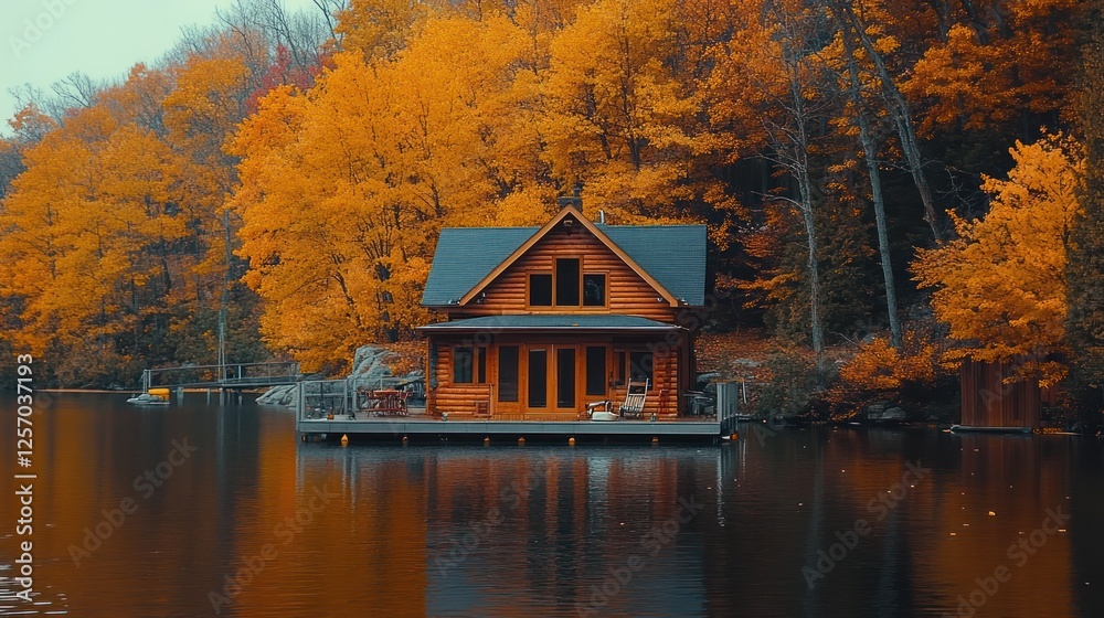 Fototapeta premium Autumn lake house, fall foliage, tranquil scene, waterfront property