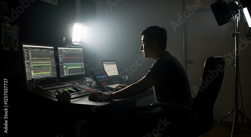 Audio engineer intensely focused on editing audio tracks in a professional studio