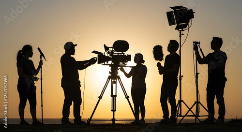 Wallpaper Mural Film crew silhouetted against setting sun capturing coastal scene magic Torontodigital.ca