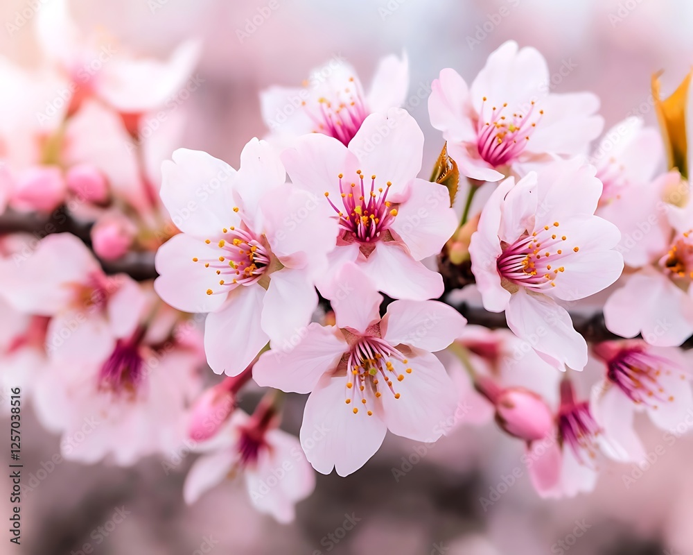 Pink Cherry Blossoms Branch Closeup, Spring Pink Cherry Blossoms Branch Closeup, Spring