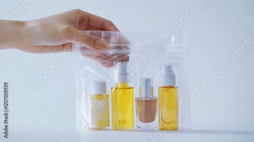 Hand Holding a Clear Plastic Bag with Travel-Sized Bottles