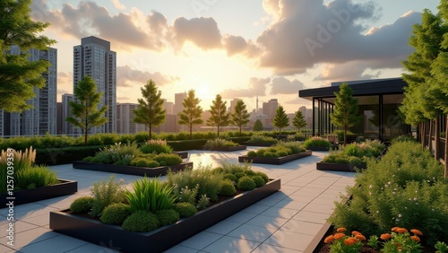 Urban rooftop garden with neatly arranged plants, trees, and city skyline view	