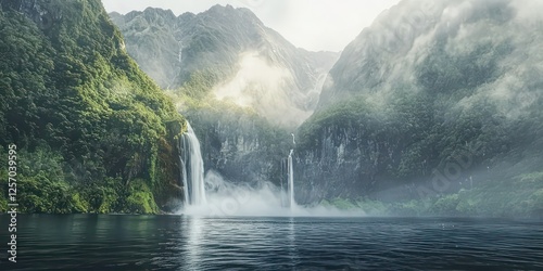 A misty waterfall in a mountainous rainforest setting.