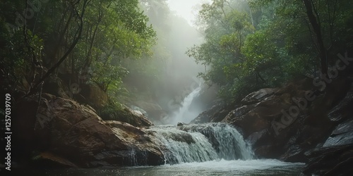 A misty waterfall in a mountainous rainforest setting.