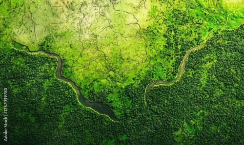 Aerial view of lush green forest with winding river, showcasing nature's beauty for environmental projects