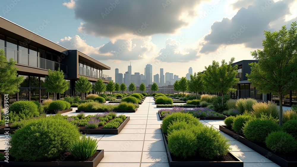 Urban rooftop garden with neatly arranged plants, trees, and city skyline view Urban rooftop garden with neatly arranged plants, trees, and city skyline view