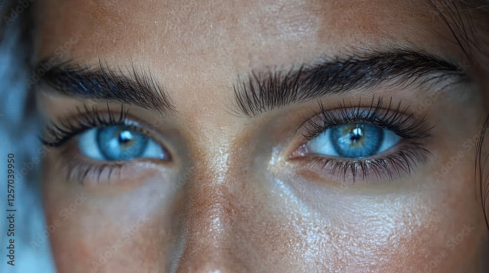 Fototapeta premium Close-up portrait of a person with striking blue eyes, showcasing detailed facial features and skin texture
