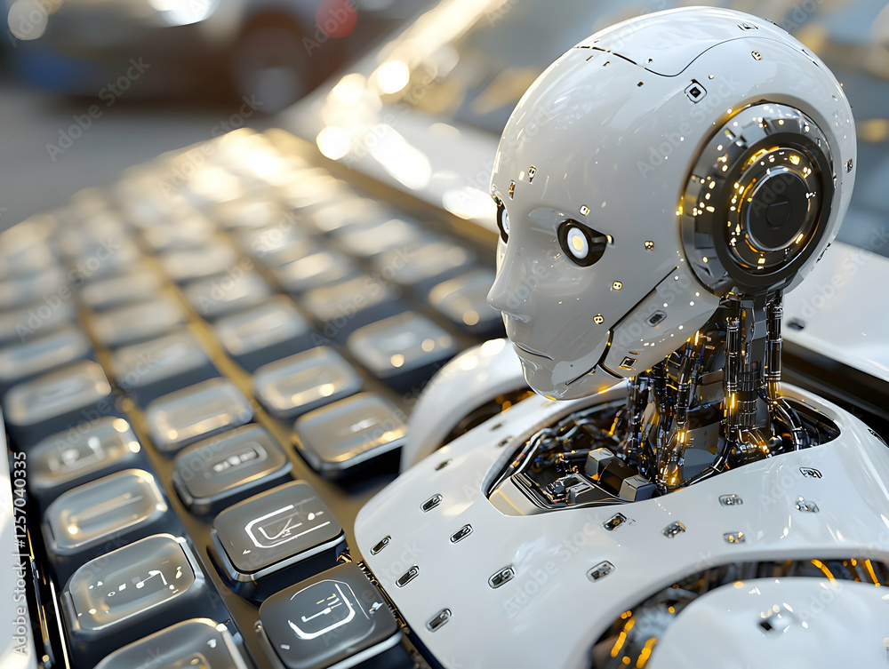 Fototapeta premium Robot AI works on keyboard; city blur