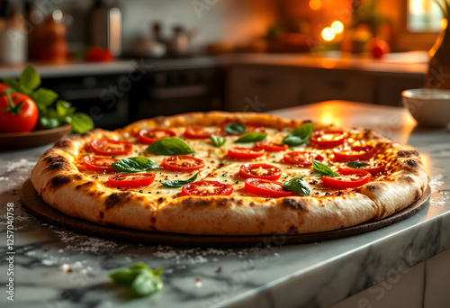 Wallpaper Mural Artisan tomato pizza with fresh basil served on a marble countertop Torontodigital.ca