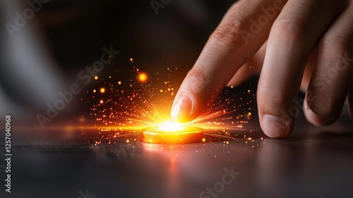 hand gently touches glowing button, emitting bright sparks and light, creating magical and futuristic atmosphere photo