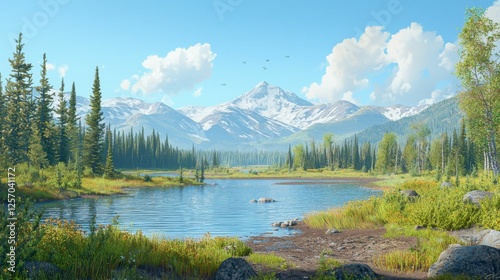 Wallpaper Mural Scenic view of serene lake surrounded by lush trees and majestic mountains under a clear blue sky with fluffy white clouds Torontodigital.ca