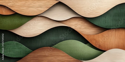 geometric abstract design featuring layered, wavy patterns in sage green, beige, and brown tones, creating botanical and Nordic inspired aesthetic