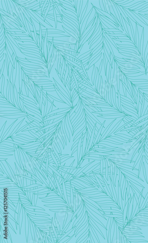Hand-drawn lines seamless tropical pattern of palm leaves in a monochromatic turquoise color scheme, create an elegant and refreshing botanical design.