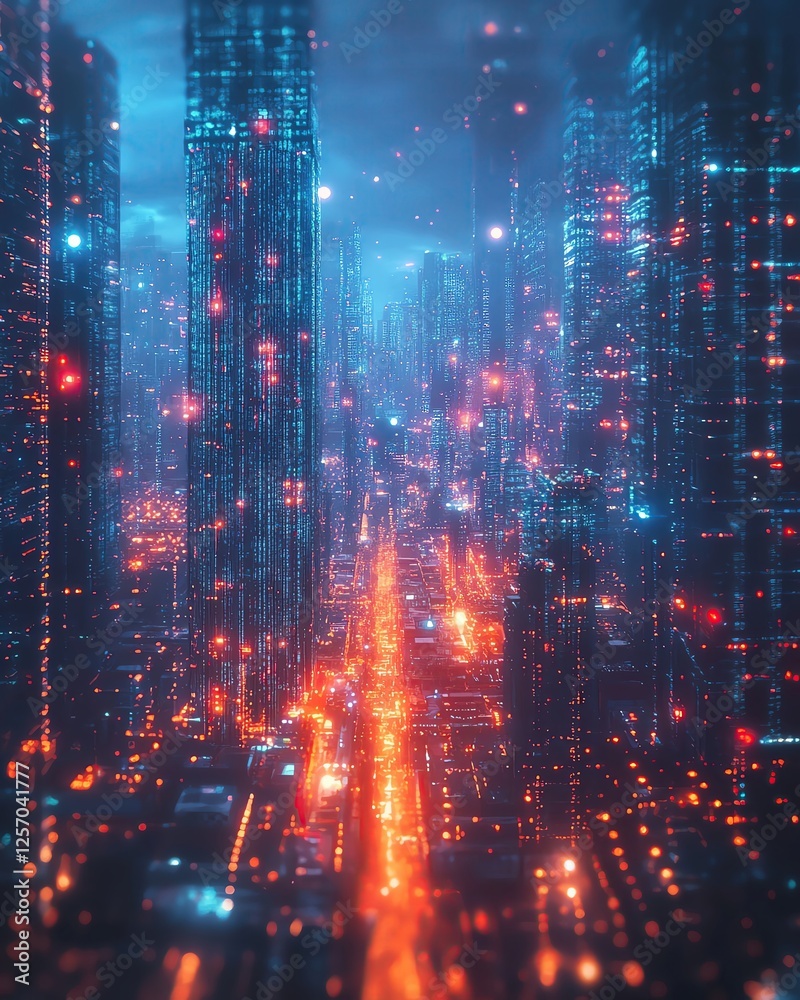 Obraz premium Futuristic cityscape with glowing skyscrapers.