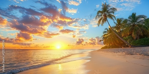 A silhouette of palm trees against a glowing sunset on a peaceful beach.