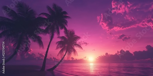 A silhouette of palm trees against a glowing sunset on a peaceful beach.