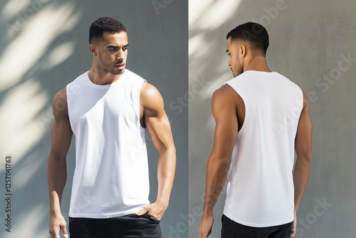 man wearing a white sleeveless t-shirt tank top mockup front and back used as a design template