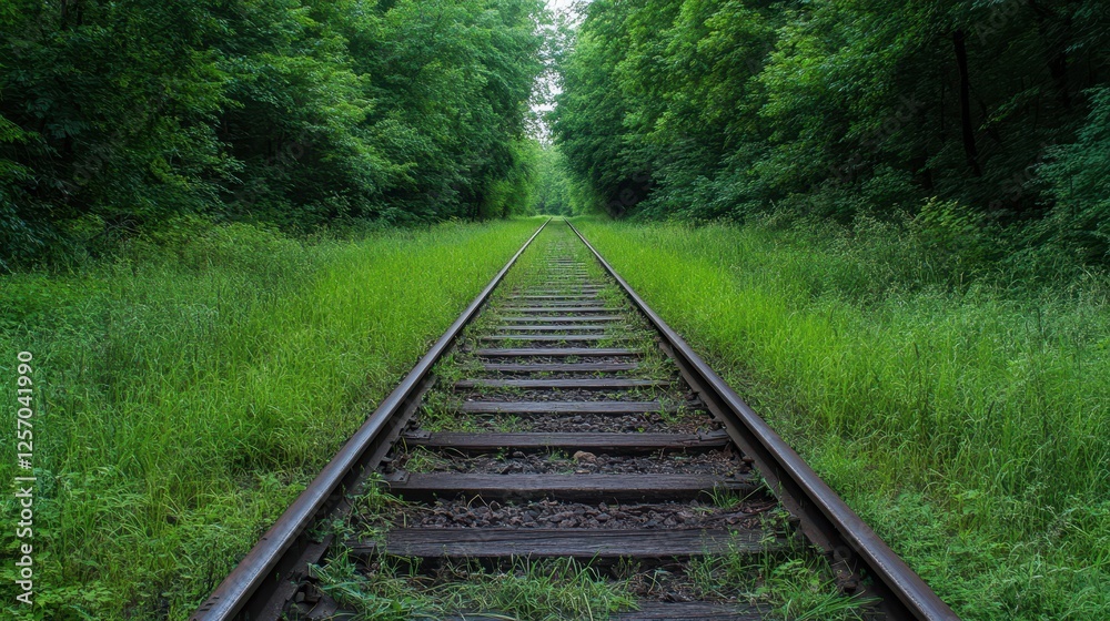 Scenic view of a railway track surrounded by lush greenery, evoking a sense of adventure and nature's tranquility. Scenic view of a railway track surrounded by lush greenery, evoking a sense of adventure and nature's tranquility.