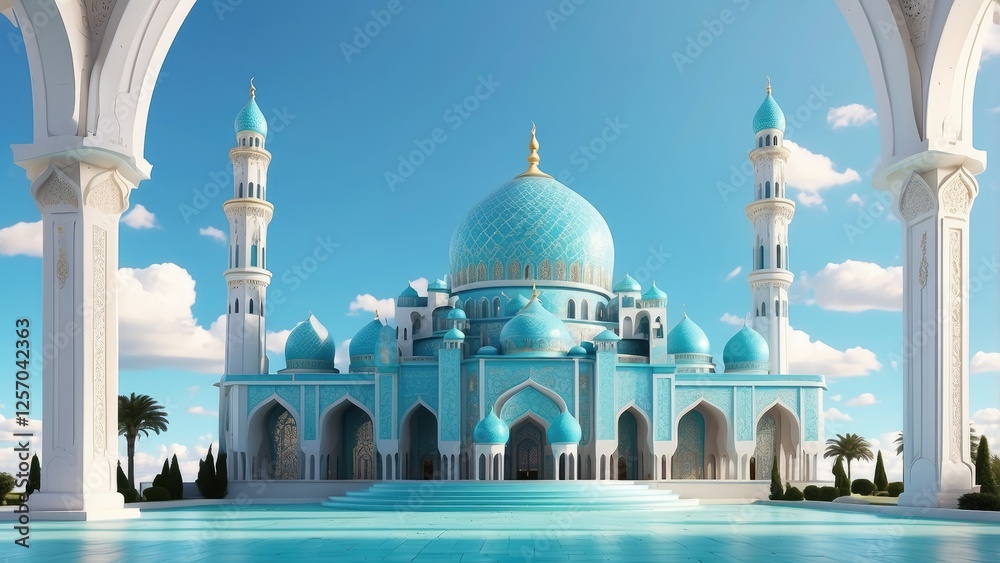 Naklejka premium A stylized, 3D-rendered mosque featuring multiple domes and minarets, set against a solid light teal background.