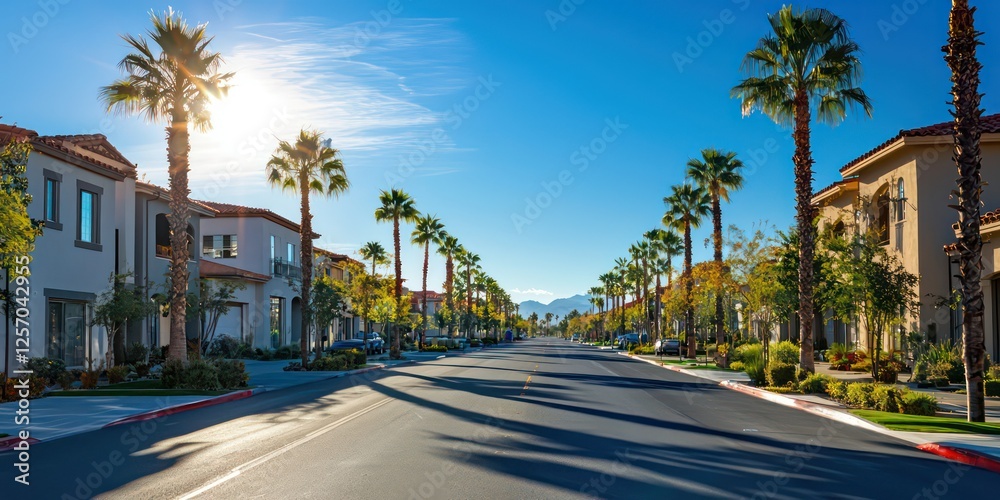 Obraz premium A sunlit street lined with palm trees and a clear blue sky in a California town.