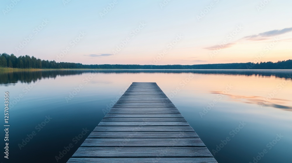 Fototapeta premium Serene wooden pier extending into calm water during sunset, surrounded by lush greenery and softly colored clouds.