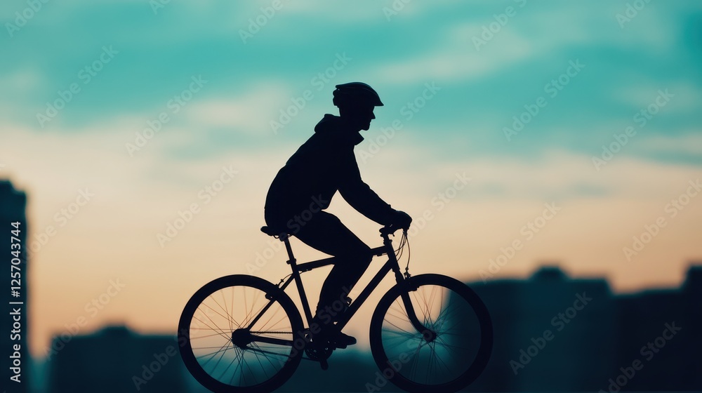 Fototapeta premium Silhouette of a cyclist riding a bike at sunset against a vibrant sky, capturing a moment of freedom and adventure.