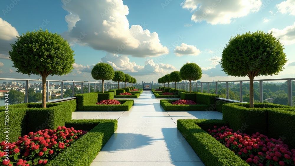 Fototapeta premium Urban rooftop garden with ornamental grasses, lounge chairs, and city skyline at sunset