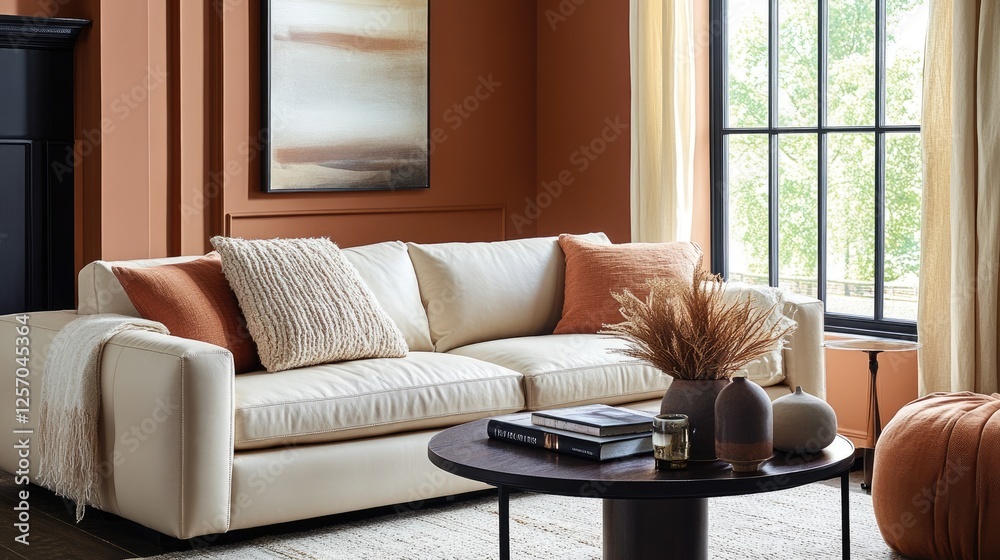 Fototapeta premium A renovated living space featuring stylish Peach Fuzz walls with subtle patterns.