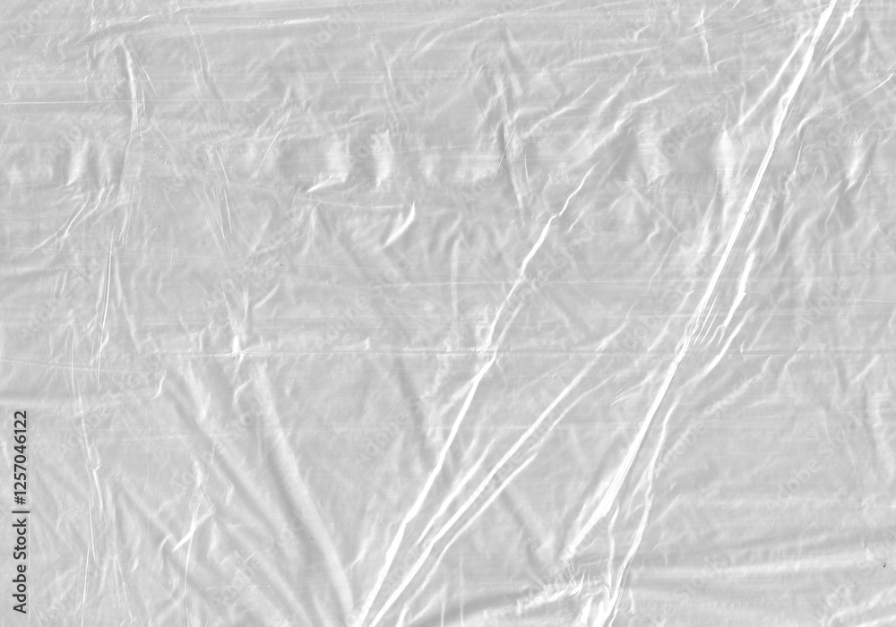 Obraz premium White Plastic wrinkle Bag Film Glossy Cumpled Overlay Package Background Rough Wrap Material Pack Reflection Texture Floor Packaging Retail Grain Pollution Trash, surface wrinkled Foil Polyethylene.