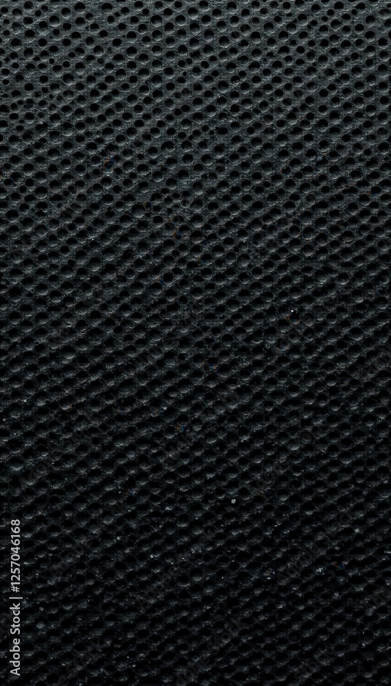 Black metal grid; small round holes, rough surface, industrial, pattern Black metal grid; small round holes, rough surface, industrial, pattern