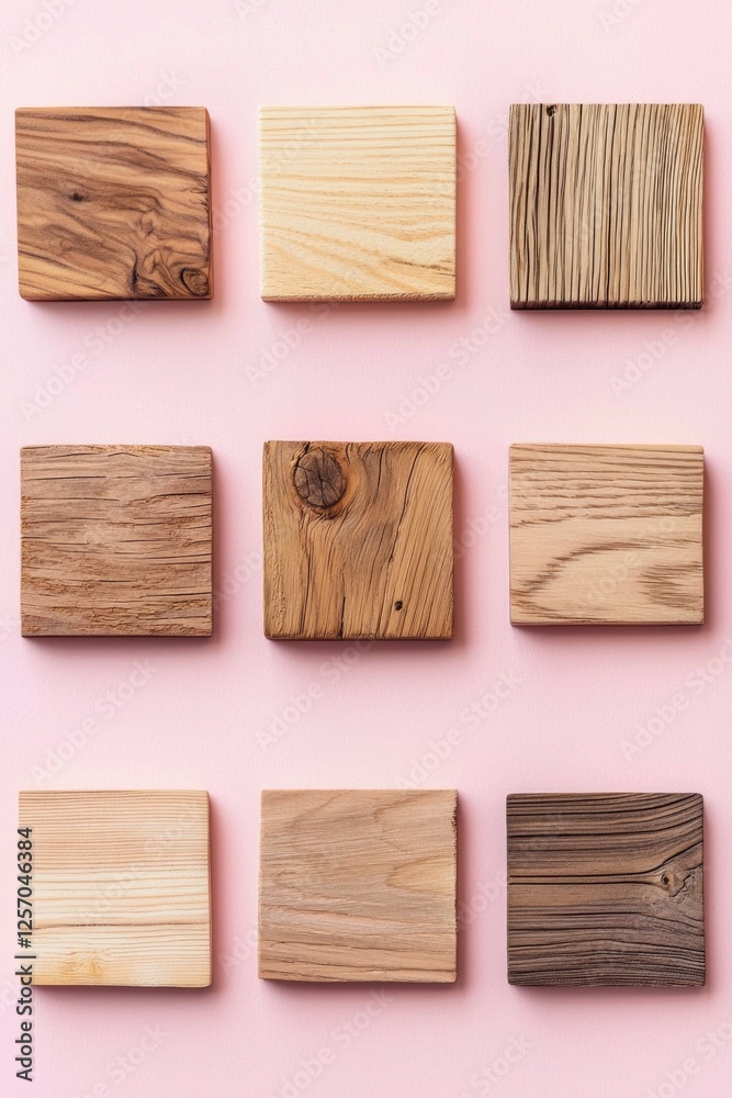 Set of square wooden samples on a pink background, flat design Set of square wooden samples on a pink background, flat design