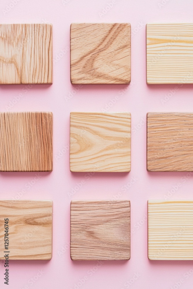 Set of square wooden samples on a pink background, flat design Set of square wooden samples on a pink background, flat design