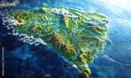 Island terrain, lush vegetation, rivers, mountains, ocean, aerial view, geographical map, tourism, travel