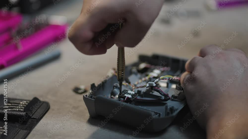 A close up of hands repairing a joystick with detailed screwdriver, precise and focused technical work A close up of hands repairing a joystick with detailed screwdriver, precise and focused technical work