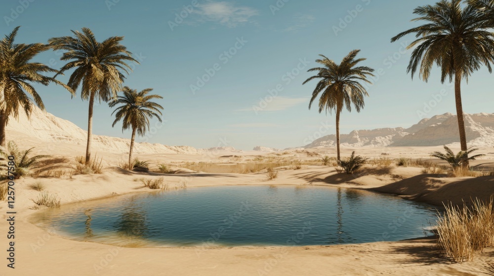 Obraz premium Scenic Desert Oasis Surrounded by Lush Palm Trees Under Clear Blue Sky in Arid Landscape
