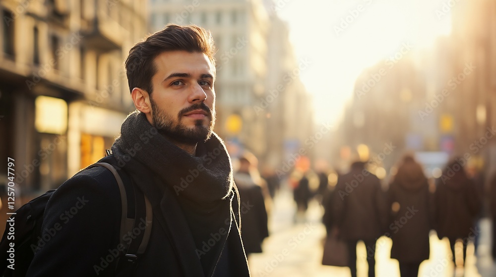 Fototapeta premium Young professional in winter wear on city street. Perfect for urban lifestyle, winter fashion, or city commute themes.