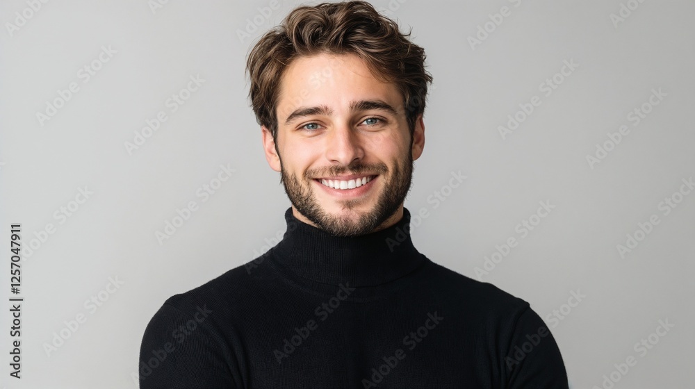 Young professional in black turtleneck against grey backdrop. Suitable for personal branding, modern portraiture, or creative professional themes. Young professional in black turtleneck against grey backdrop. Suitable for personal branding, modern portraiture, or creative professional themes.