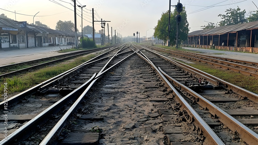 Obraz premium Train Tracks Intersection In Rural Area