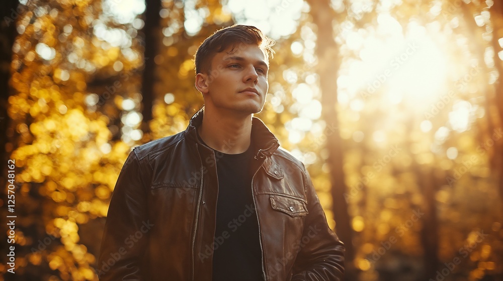 Young man in leather jacket against autumn forest. Perfect for casual fashion, seasonal style, or outdoor lifestyle themes. Young man in leather jacket against autumn forest. Perfect for casual fashion, seasonal style, or outdoor lifestyle themes.